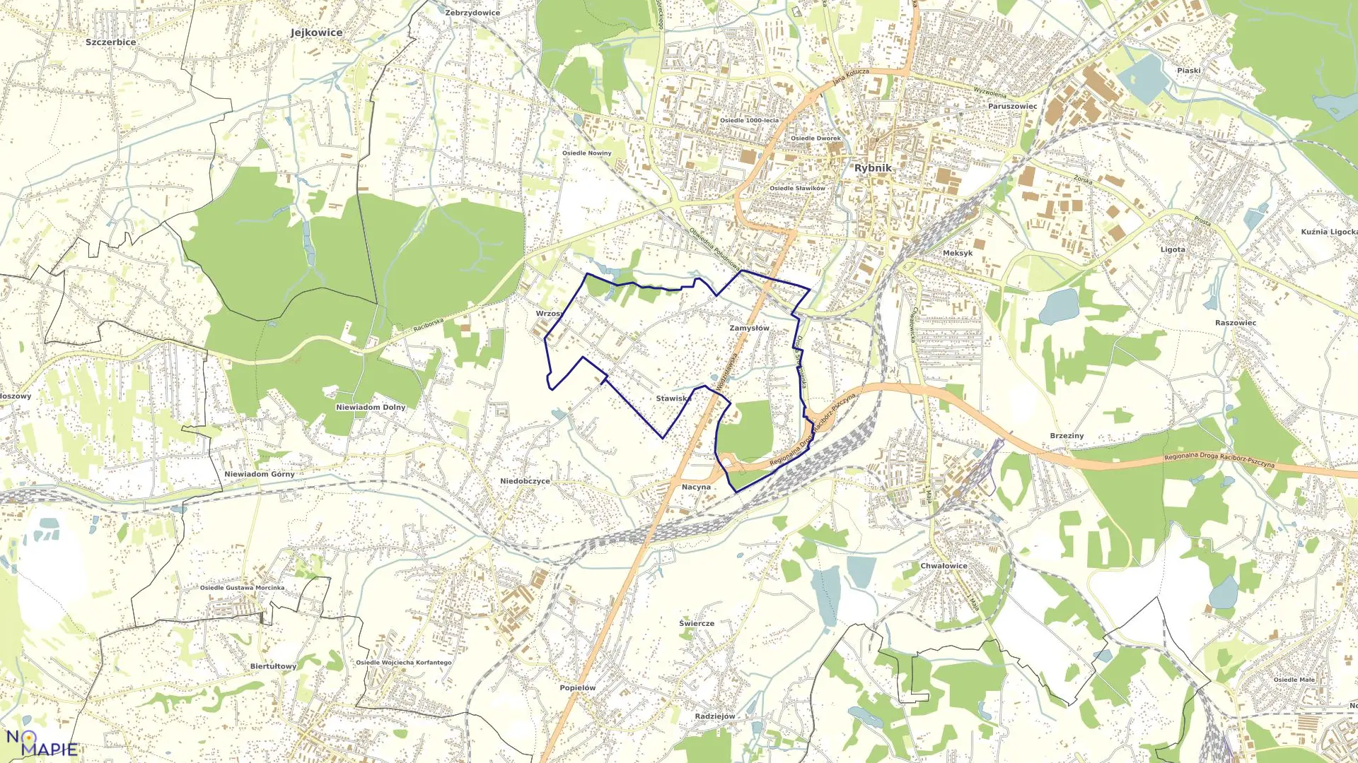 Mapa obrębu ZAMYSŁÓW w mieście Rybnik